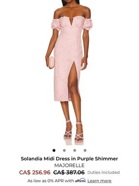 MAJORELLE Off-Shoulder Midi Dress in Light Pink with Gold Shimmer